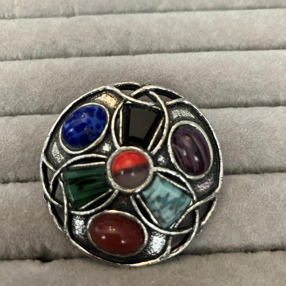 Vintage MIRACLE Silver Tone Round Brooch Pin Celtic Design Stones Blue Purple